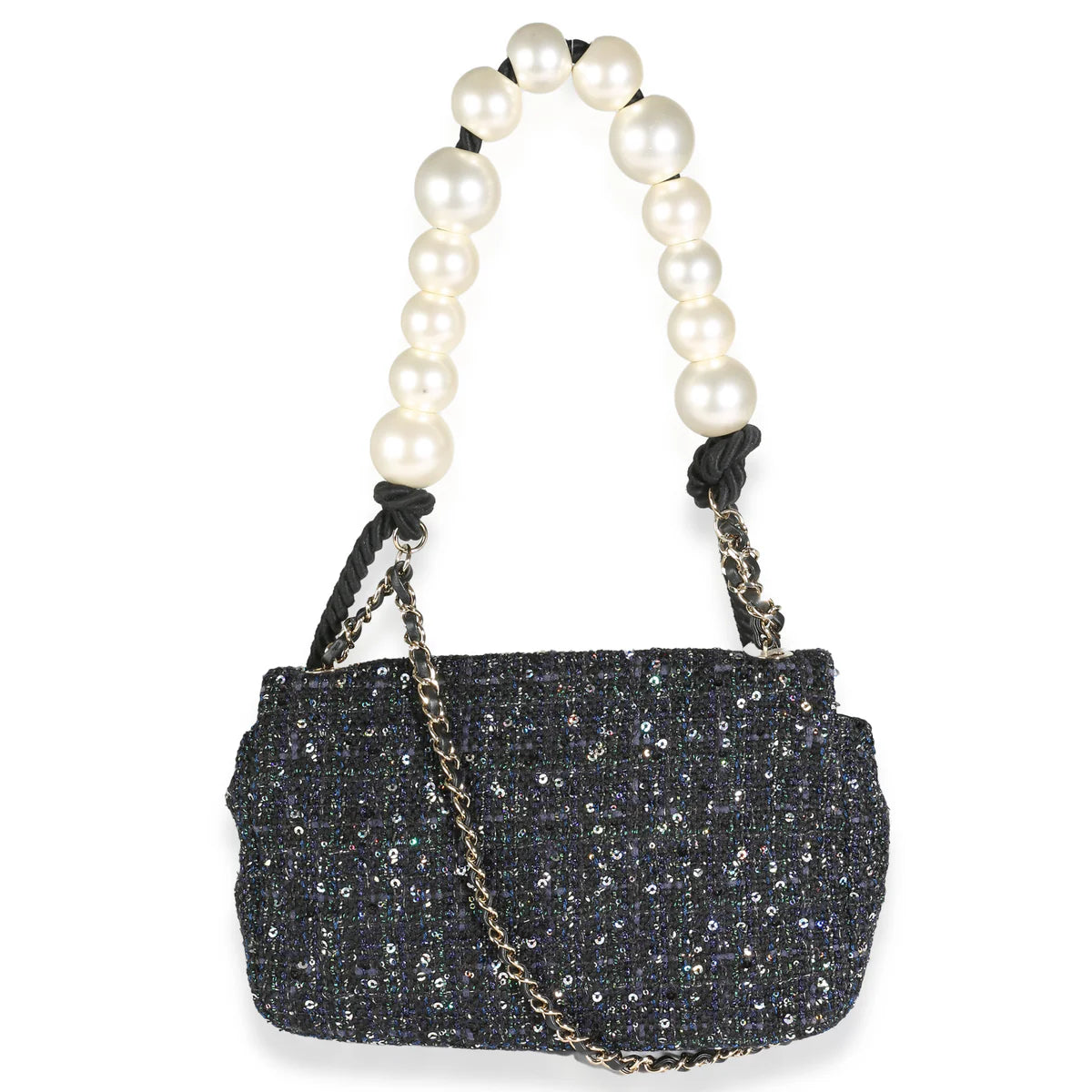 Chanel Navy Tweed Sequin Medium Pearl Handle Flap Bag