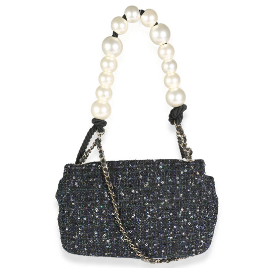Chanel Navy Tweed Sequin Medium Pearl Handle Flap Bag