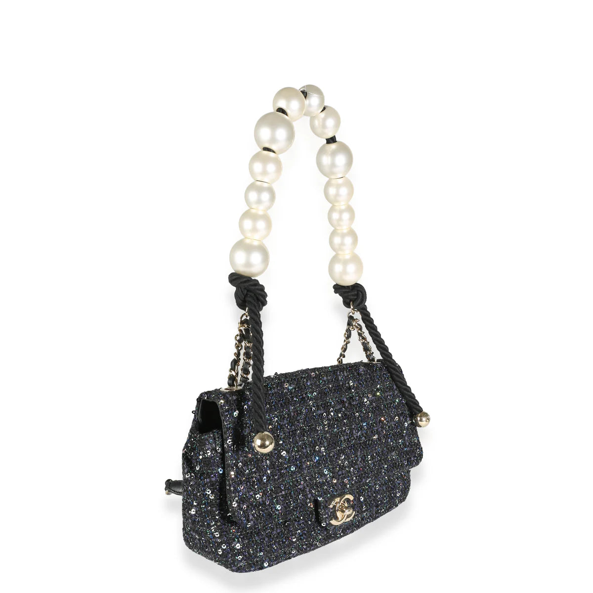 Chanel Navy Tweed Sequin Medium Pearl Handle Flap Bag