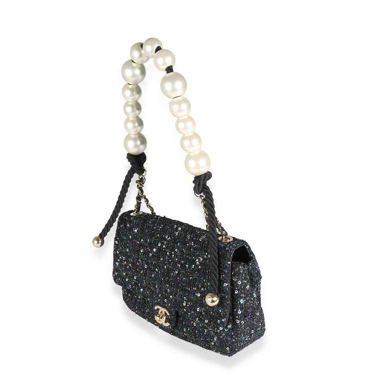 Chanel Navy Tweed Sequin Medium Pearl Handle Flap Bag