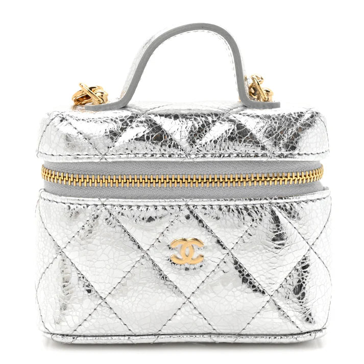 CHANEL Metallic Calfskin Quilted Mini Vanity Bag Charm – Silver - Zeuskicks