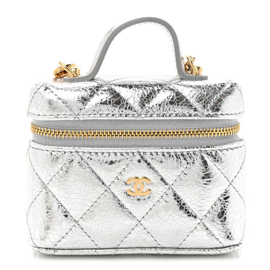 CHANEL Metallic Calfskin Quilted Mini Vanity Bag Charm – Silver - Zeuskicks
