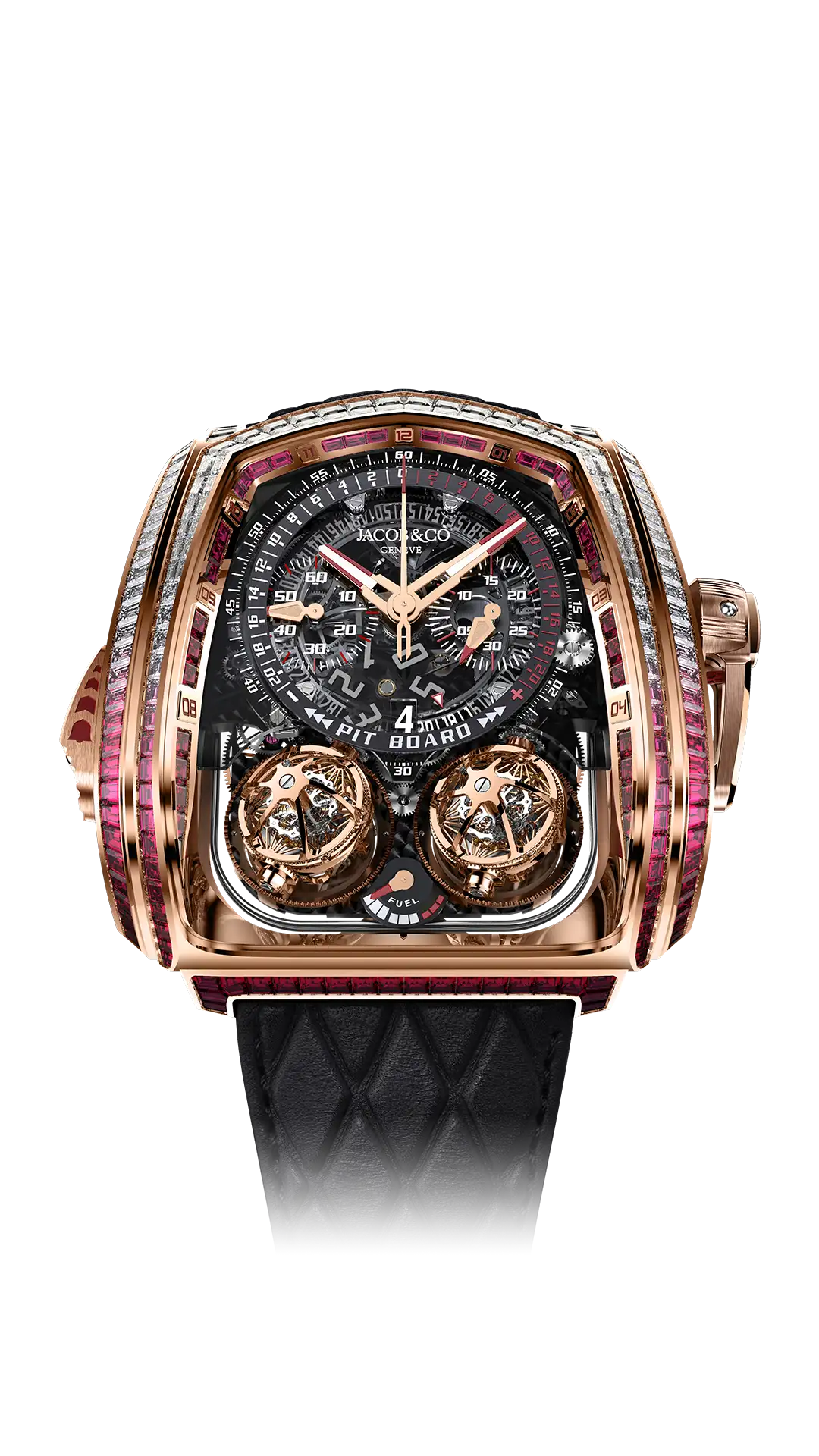 Twin Turbo Furious Baguette - Rose Gold with White Diamonds and Rubies