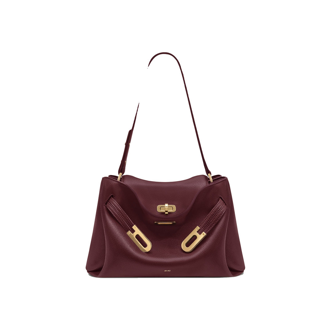 JW PEI Rhea Pebbled Double Buckle Shoulder Bag - Dark Burgundy by JW PEI