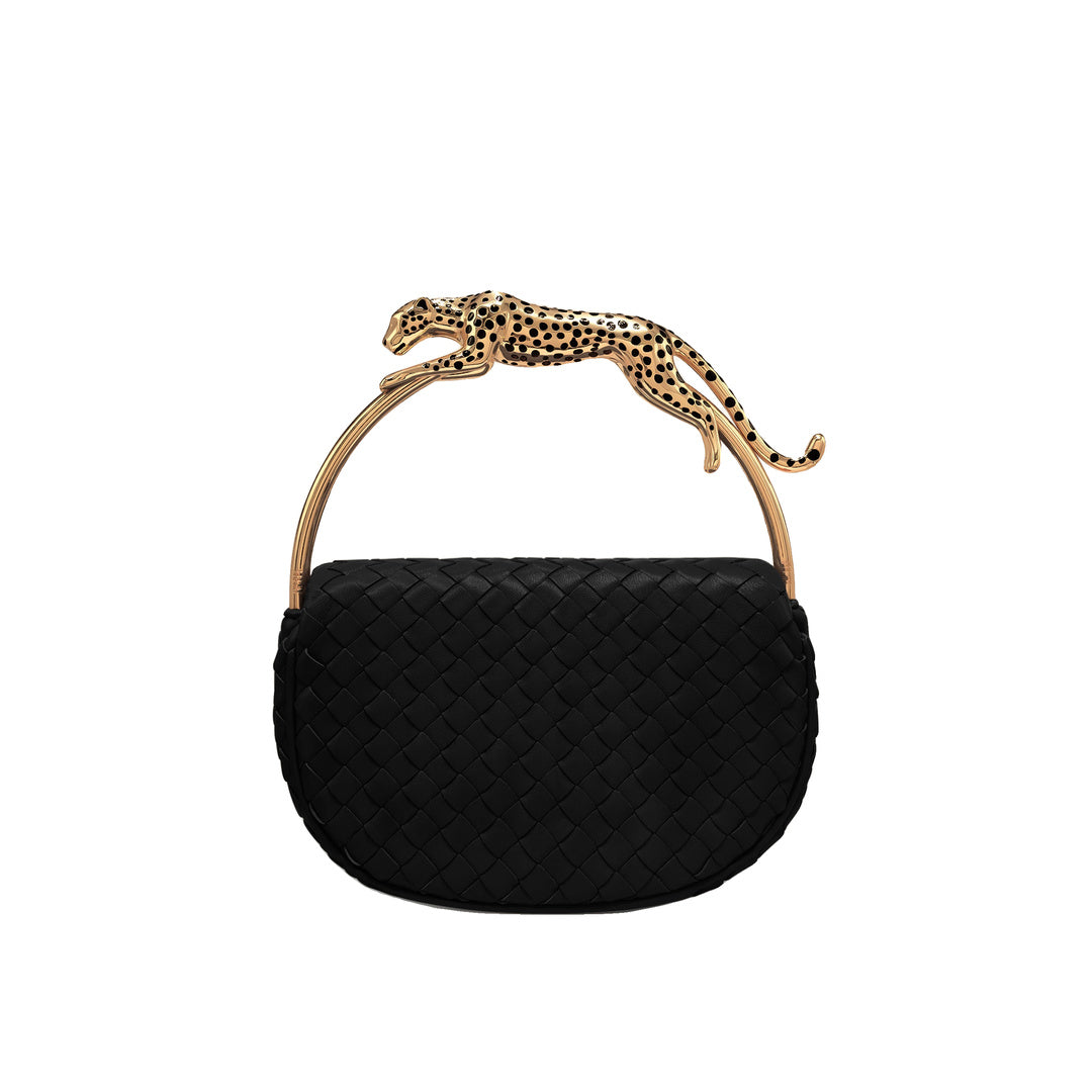 JW PEI Ione Leopard Shaped Hardware Handle Woven Top Handle Bag - Black by JW PEI
