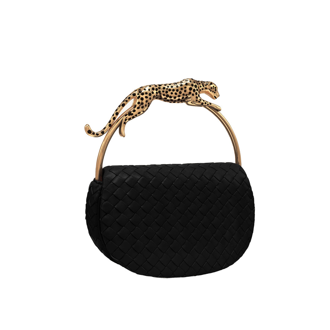JW PEI Ione Leopard Shaped Hardware Handle Woven Top Handle Bag - Black by JW PEI
