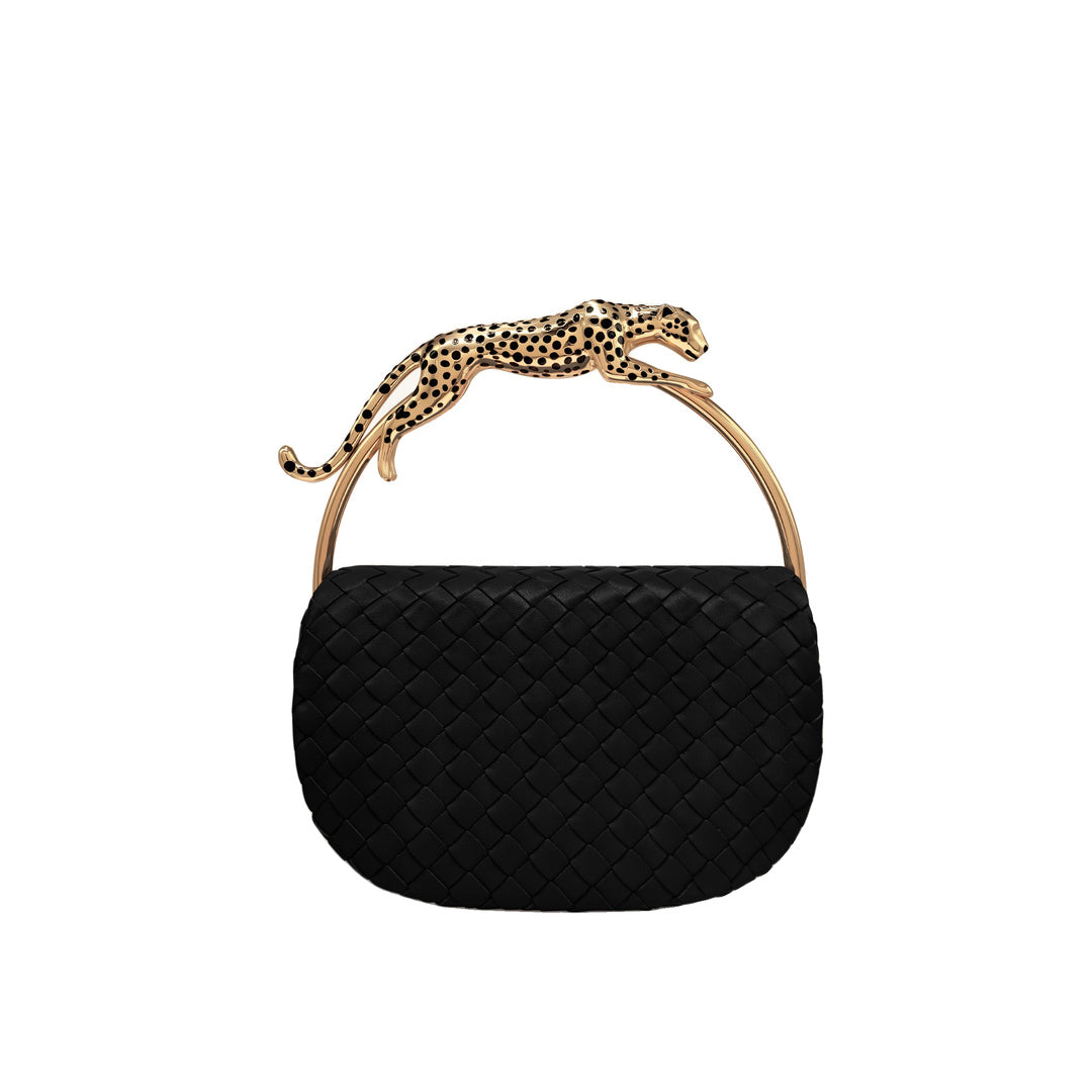JW PEI Ione Leopard Shaped Hardware Handle Woven Top Handle Bag - Black by JW PEI