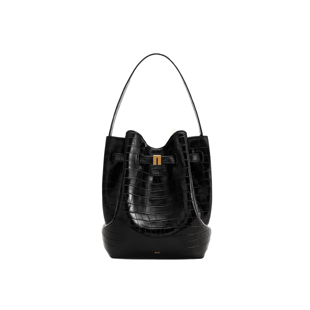 JW PEI Clara Lock Accent Bucket Shoulder Bag - Black Croc by JW PEI