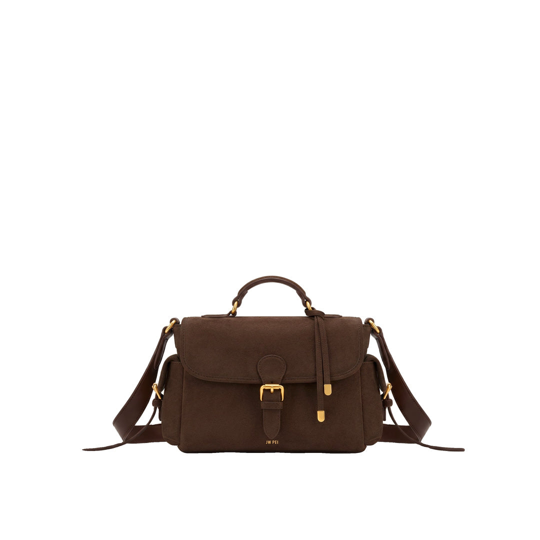 JW PEI Marina Faux Suede Flap Multi-Pocket Top Handle Crossbody Bag - Dark Brown by JW PEI