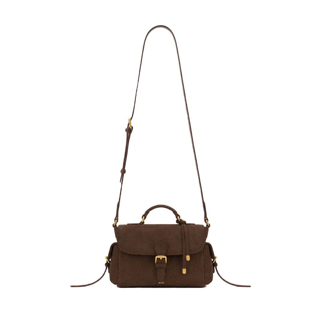 JW PEI Marina Faux Suede Flap Multi-Pocket Top Handle Crossbody Bag - Dark Brown by JW PEI
