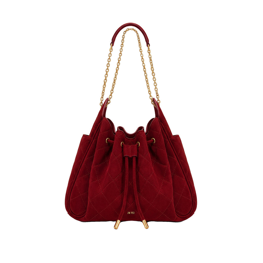 JW PEI Rowan Faux Suede Quilted Chain Bucket Bag - Dark Red by JW PEI