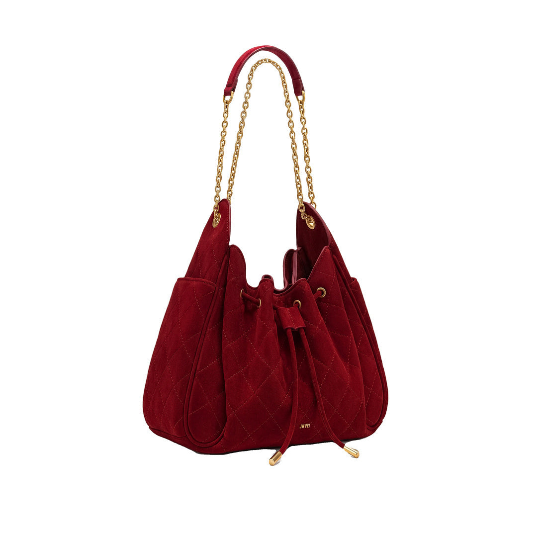 JW PEI Rowan Faux Suede Quilted Chain Bucket Bag - Dark Red by JW PEI