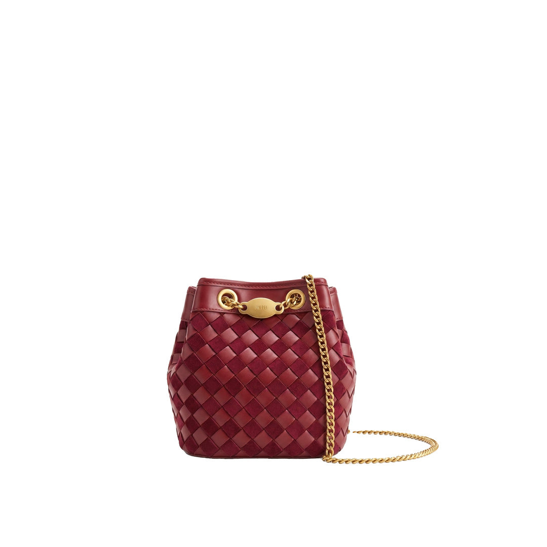 JW PEI Yara Faux Suede Hand-Woven Bucket Bag - Dark Red by JW PEI