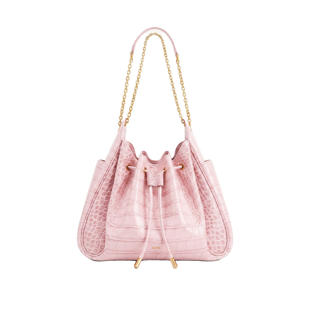 JW PEI Rowan Ruched Drawstring Chain Bucket Bag - Pink Croc by JW PEI