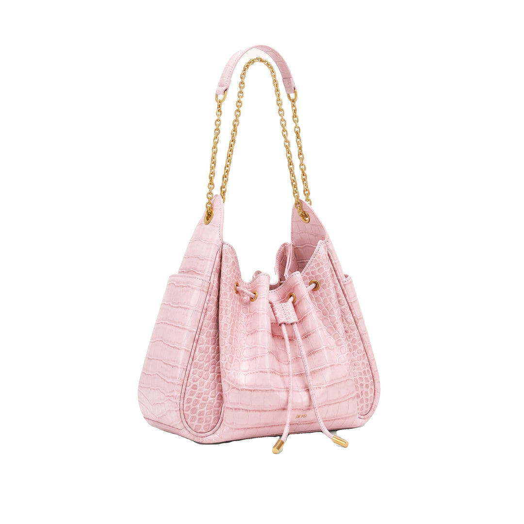 JW PEI Rowan Ruched Drawstring Chain Bucket Bag - Pink Croc by JW PEI