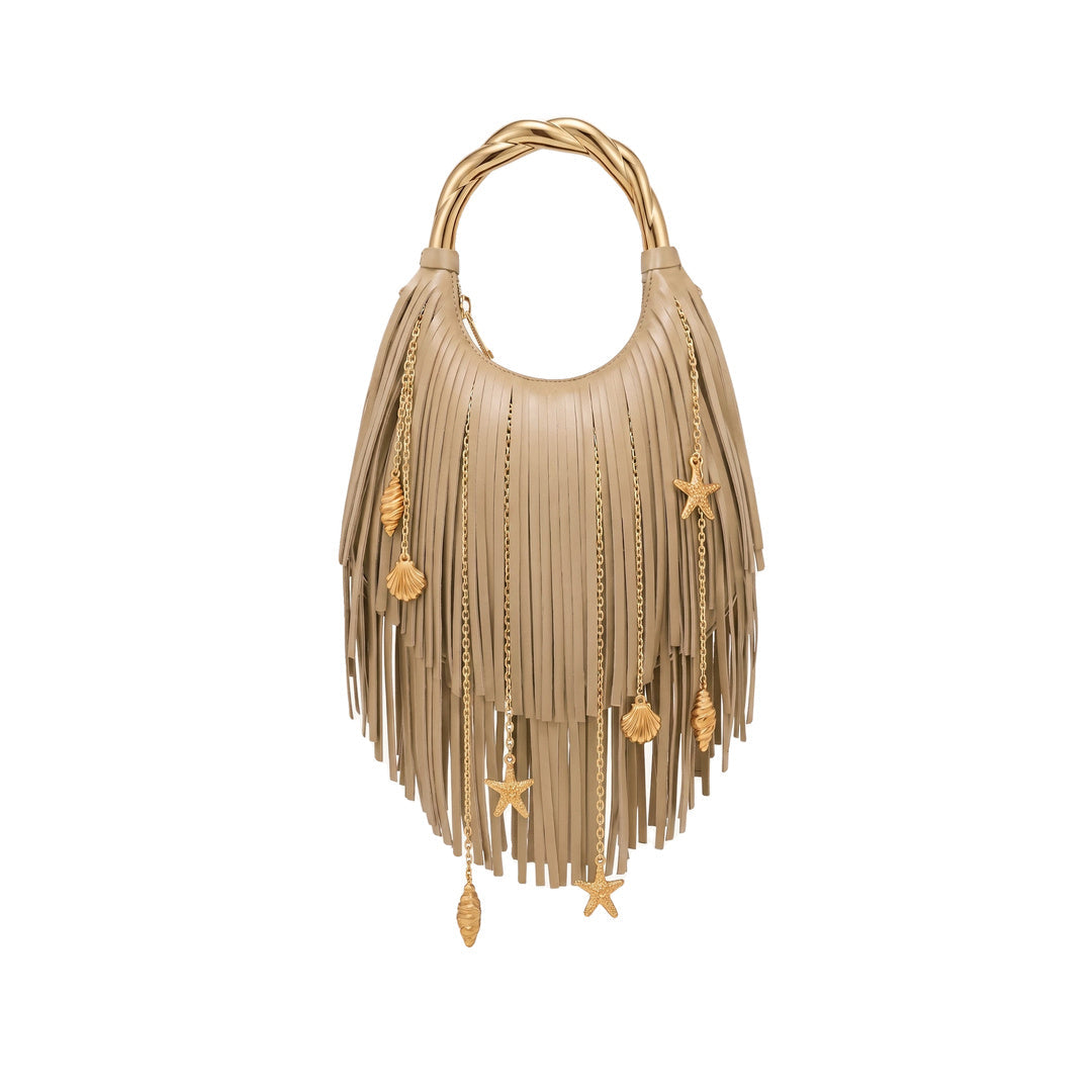 JW PEI Chloe Metal Handle Fringe Top Handbag - Khaki by JW PEI