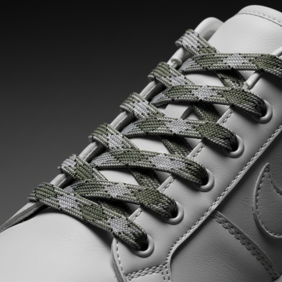 Ghost Diesel Flat Laces (Olive & Light Grey Plaid) – Premium Patterned Sneaker Laces with Metal Tips by KNOTTY by KNOTTY