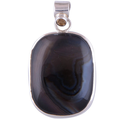 Black Banded Agate, Citrine 925 Sterling Silver Pendant - R100231-19