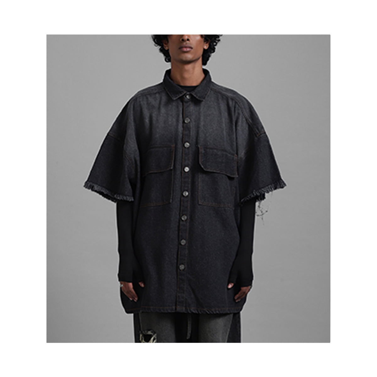 SuperHUEMN Dark Wash Faded Effect Denim Overshirt with Patched Pockets (Black) by HUEMN