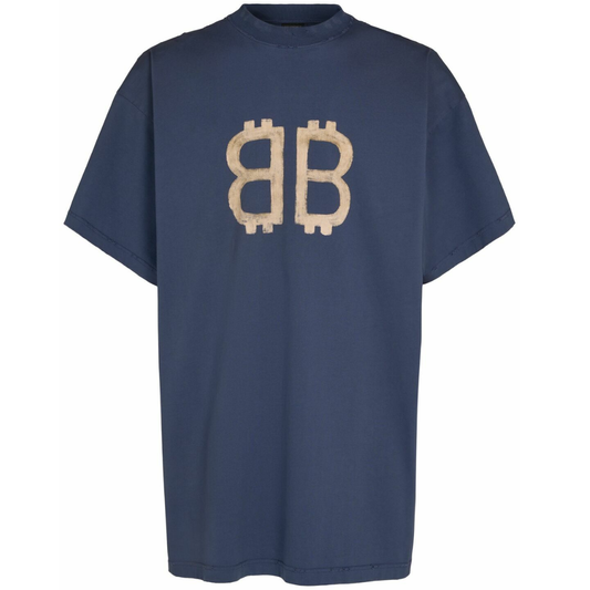 BALENCIAGA CRYPTO-PRINT COTTON T-SHIRT NAVY BLUE BEIGE by Balenciaga Apparel