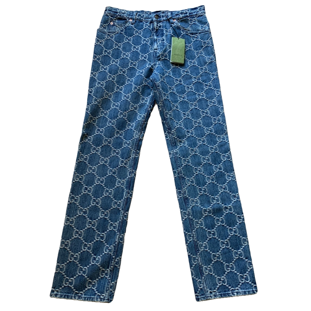 GUCCI MENS GG JACQUARD BLUE COTTON DENIM JEANS BLUE by Gucci Apparel