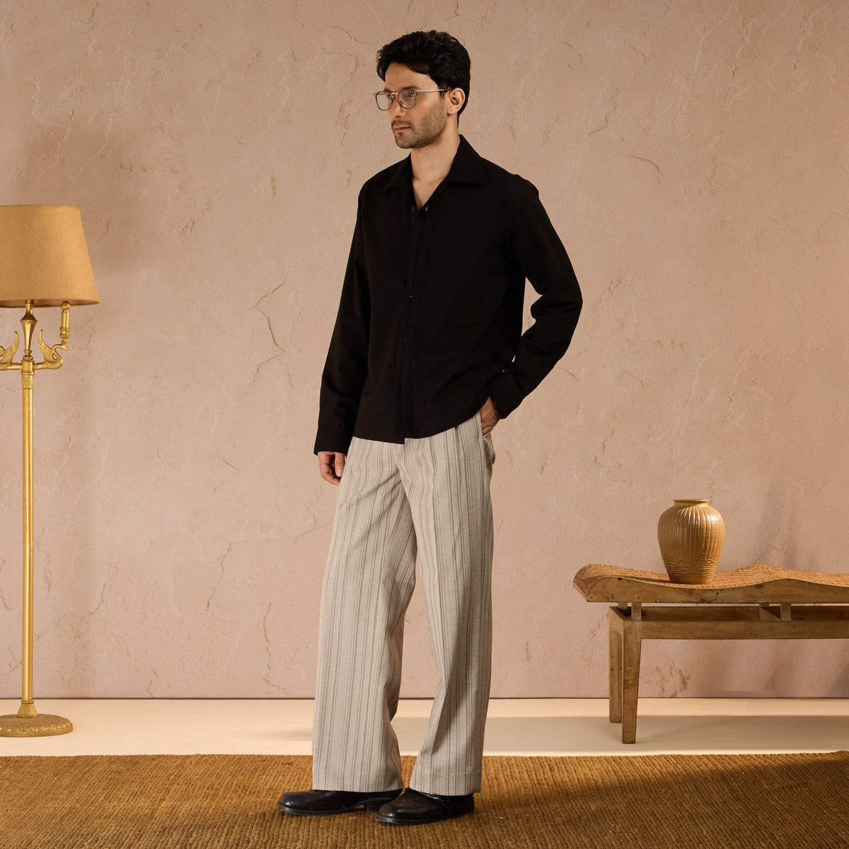 HALF PLACKET COTTON OXFORD SHIRT - BLACK by Warping Theories