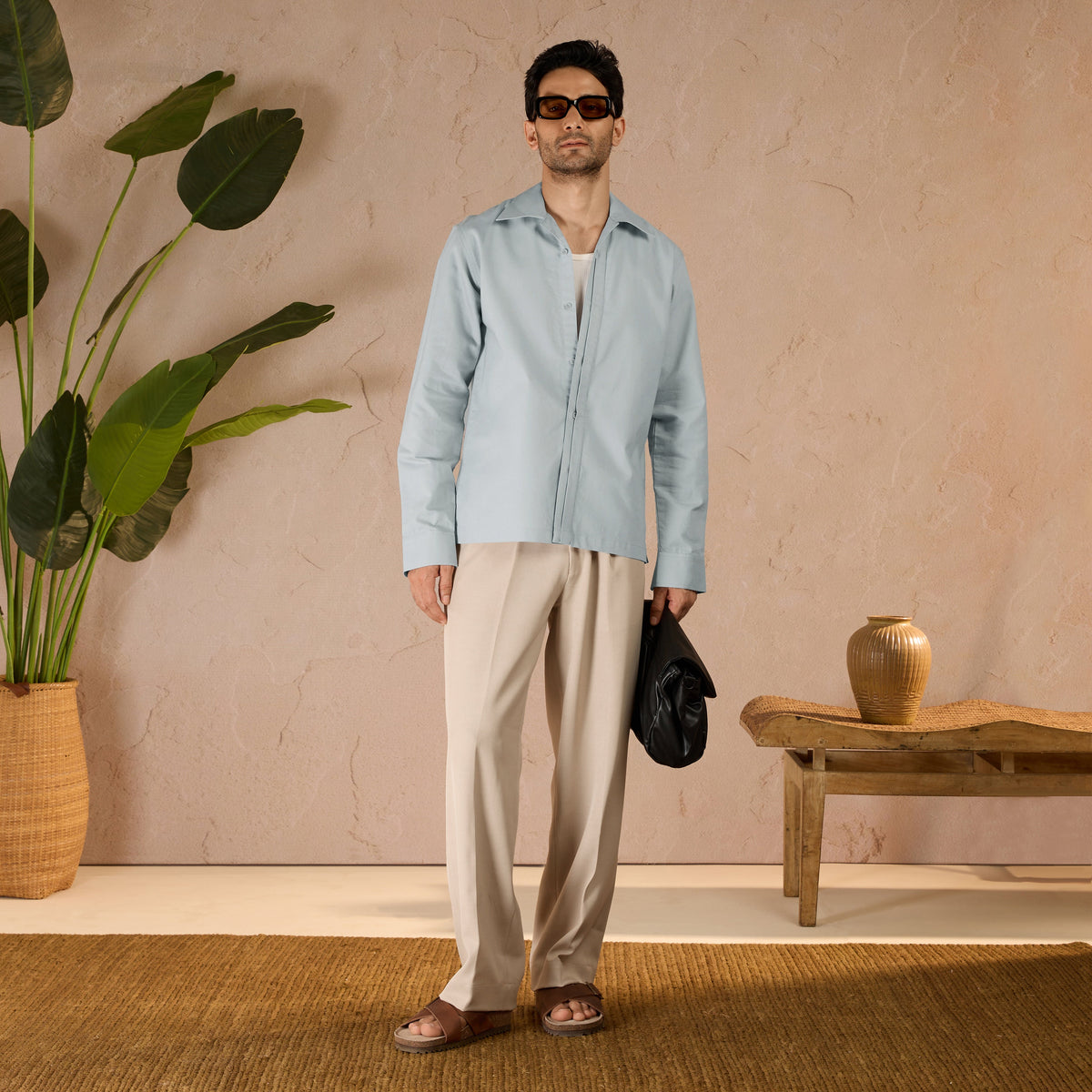 HALF PLACKET COTTON OXFORD SHIRT - SKY BLUE by Warping Theories