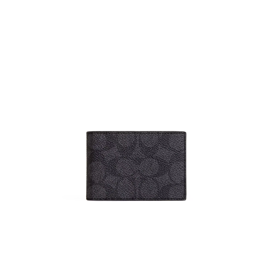 Coach Compact Billfold Wallet signature canvas Charcoal Black by COACH