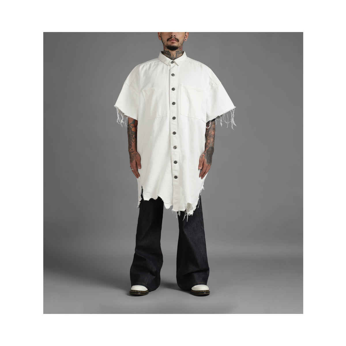 SuperHUEMN Denim Oversized Asymmetric Longline Shirt (White) by HUEMN