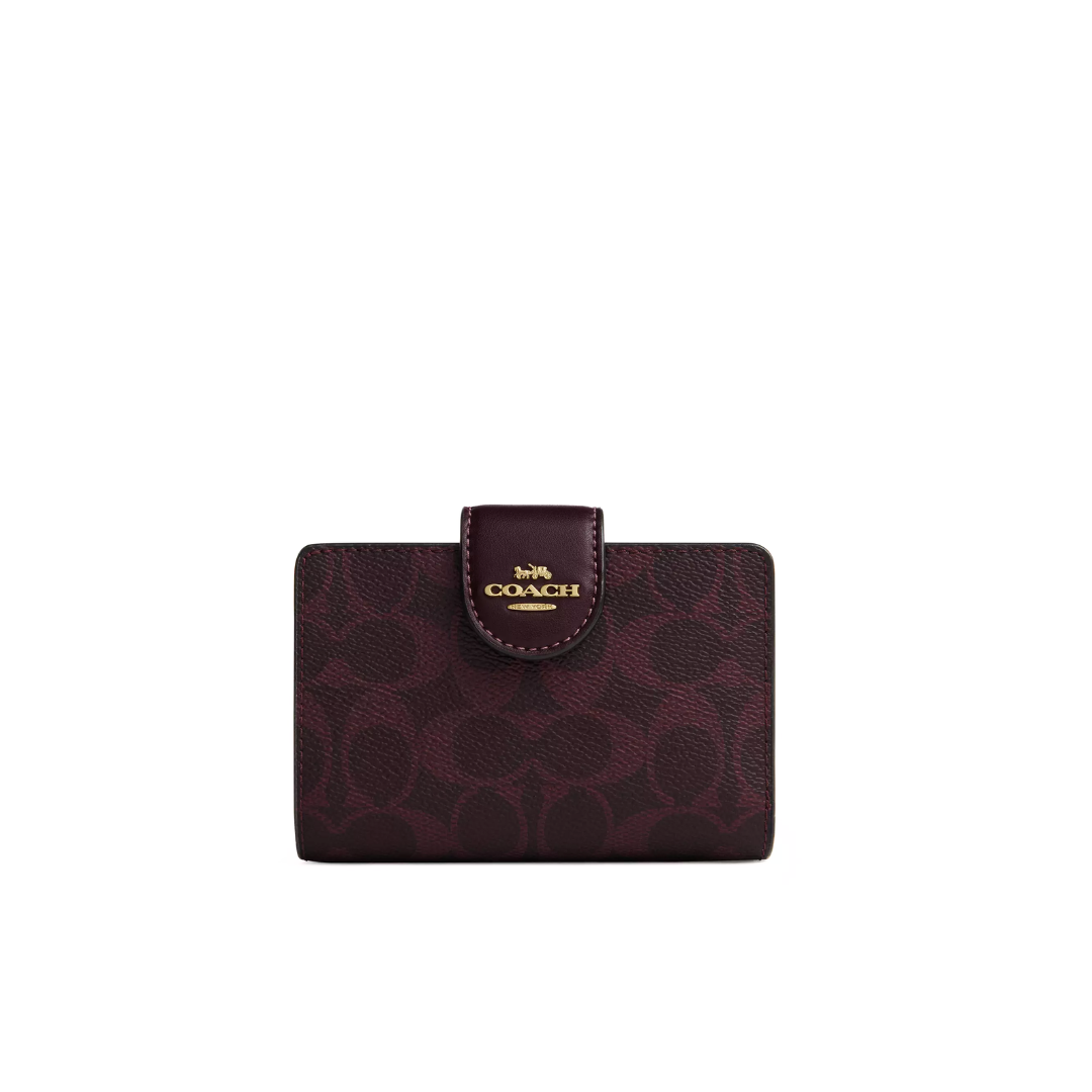 Coach Medium Corner Zip Wallet In Signature Canvas Gold Black Currant by COACH