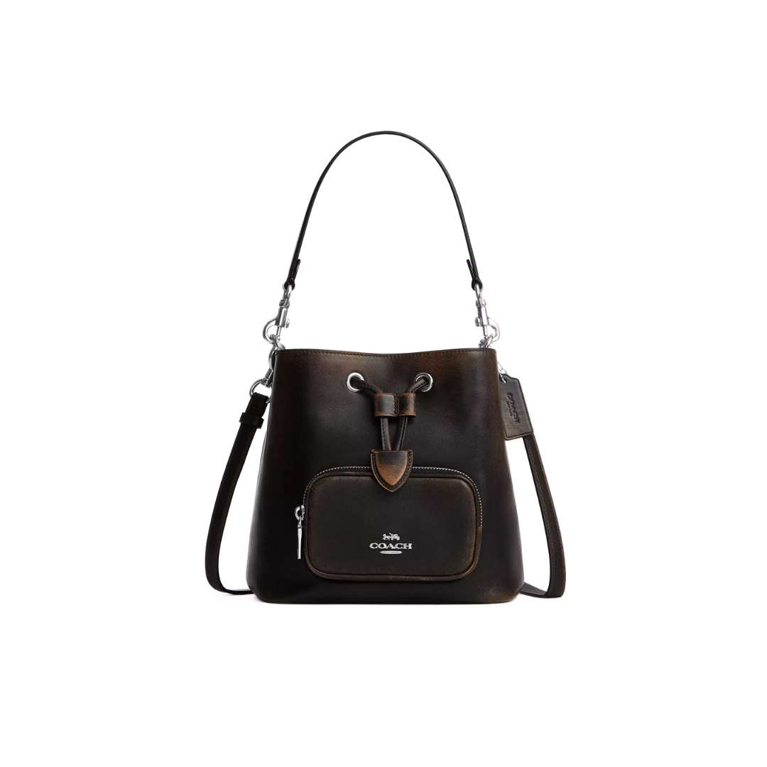 Coach Rowan Bucket Bag With Pocket In Loved Leather Silver Black Brown by COACH
