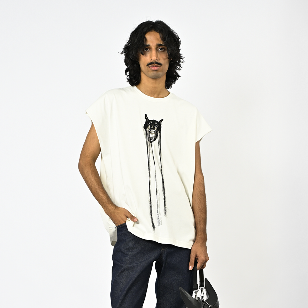 Hand-embroidered canine top with hanging silk threads (Men's) - White by HUEMN
