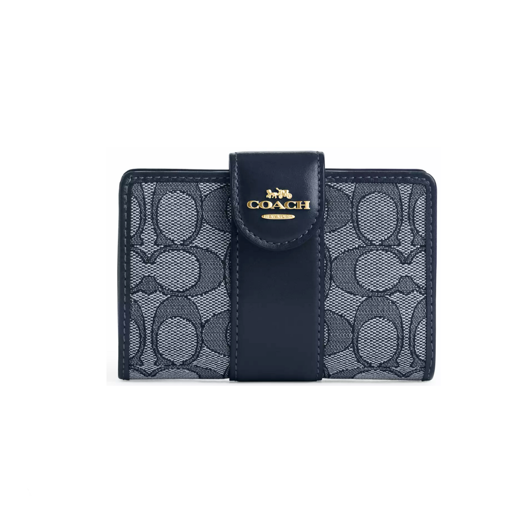 Coach Medium Corner Zip Wallet In Signature Jacquard Gold Navy Midnight Navy by COACH