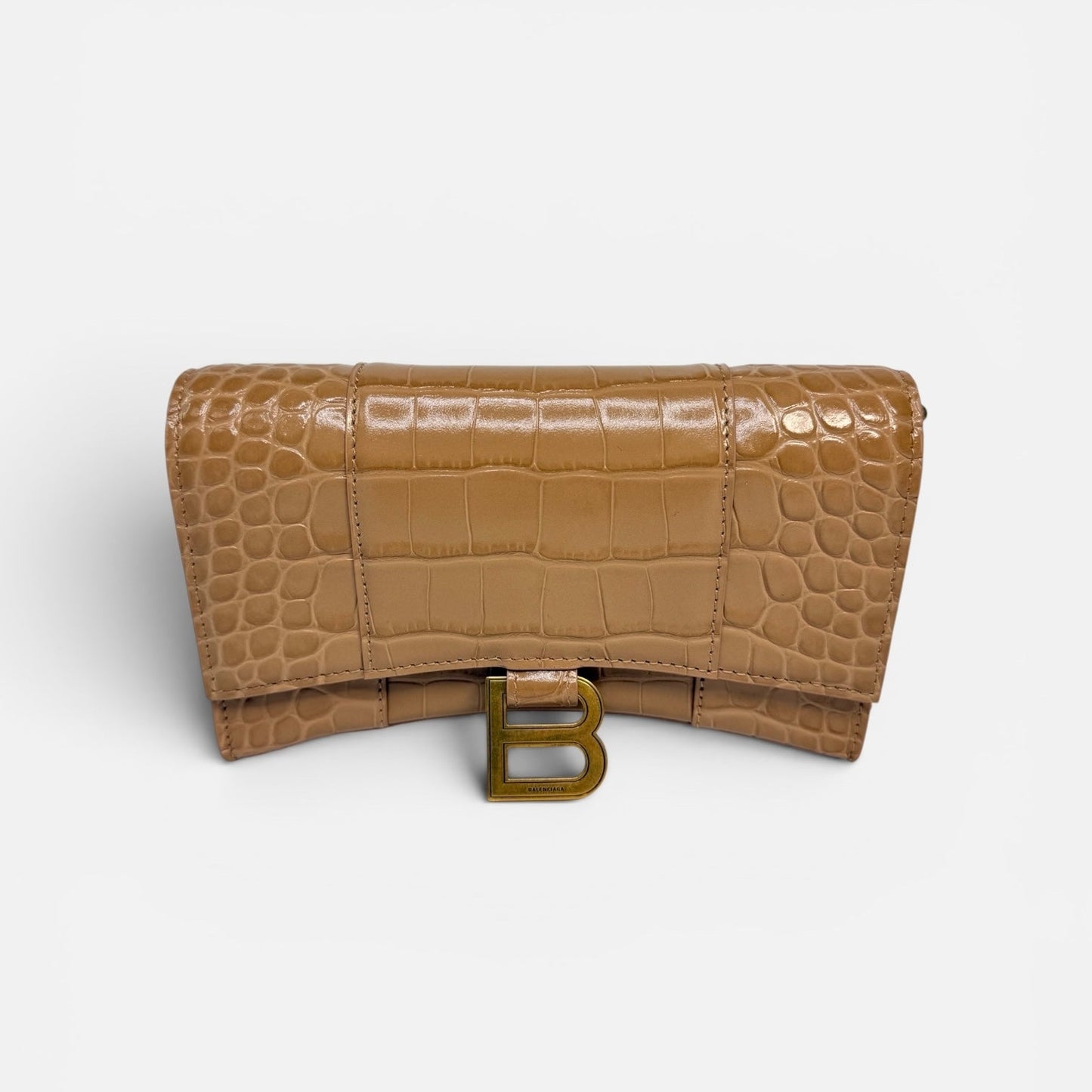 Balenciaga Small Croc Embossed Hourglass Wallet on Chain – Beige
