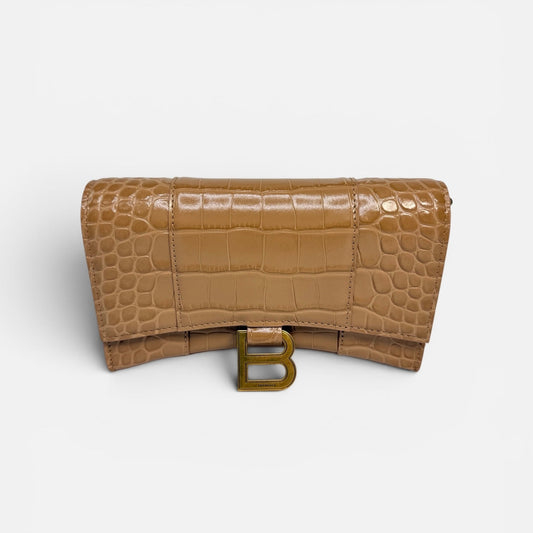 Balenciaga Small Croc Embossed Hourglass Wallet on Chain – Beige