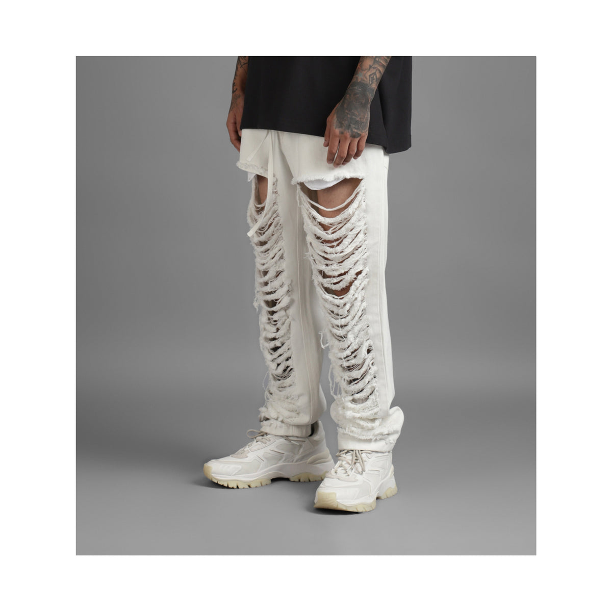 SuperHUEMN Slit and Frayed Denim (White) by HUEMN