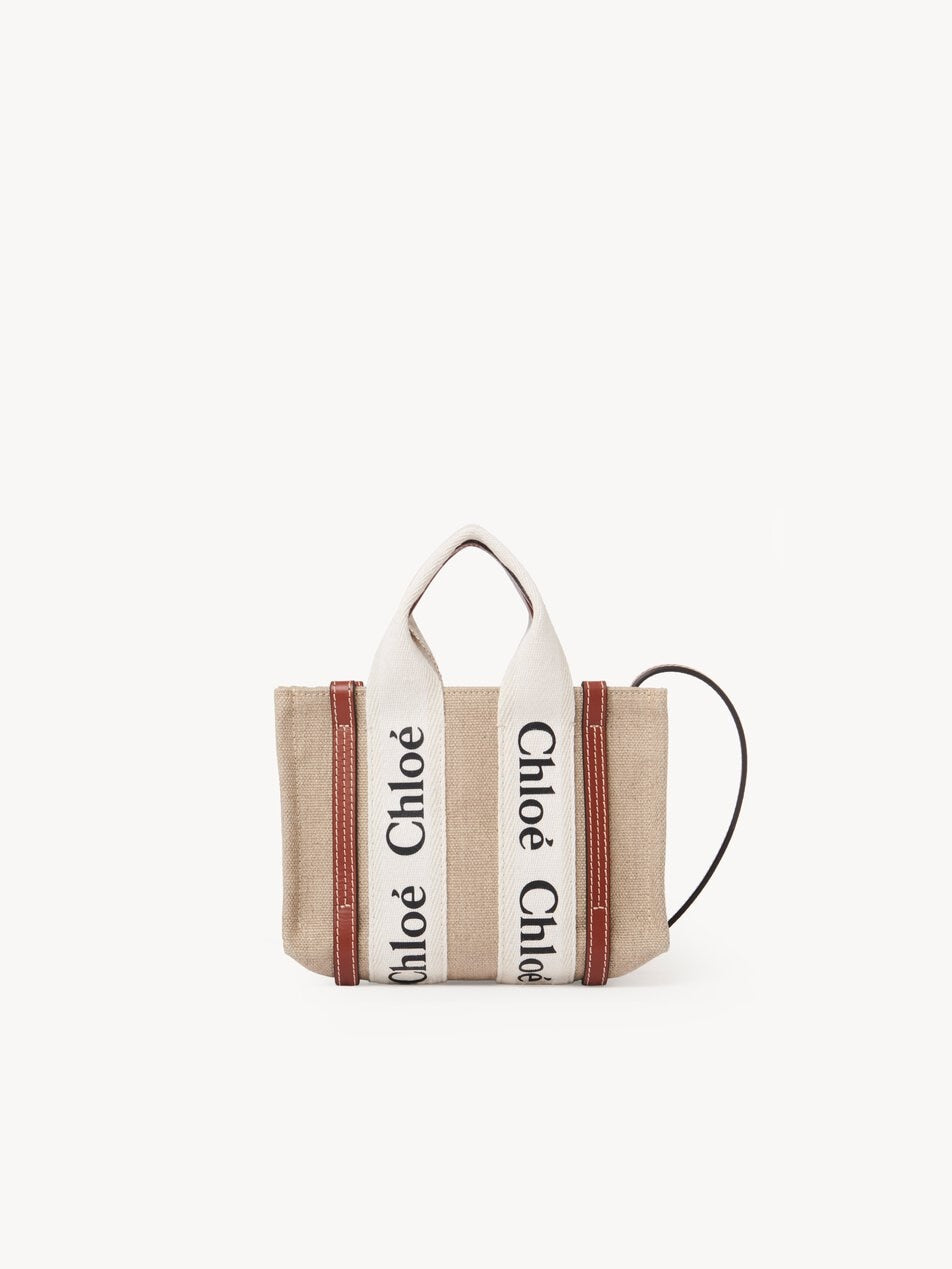 CHLOE Mini Woody tote bag in linen White - Brown by CHLOE