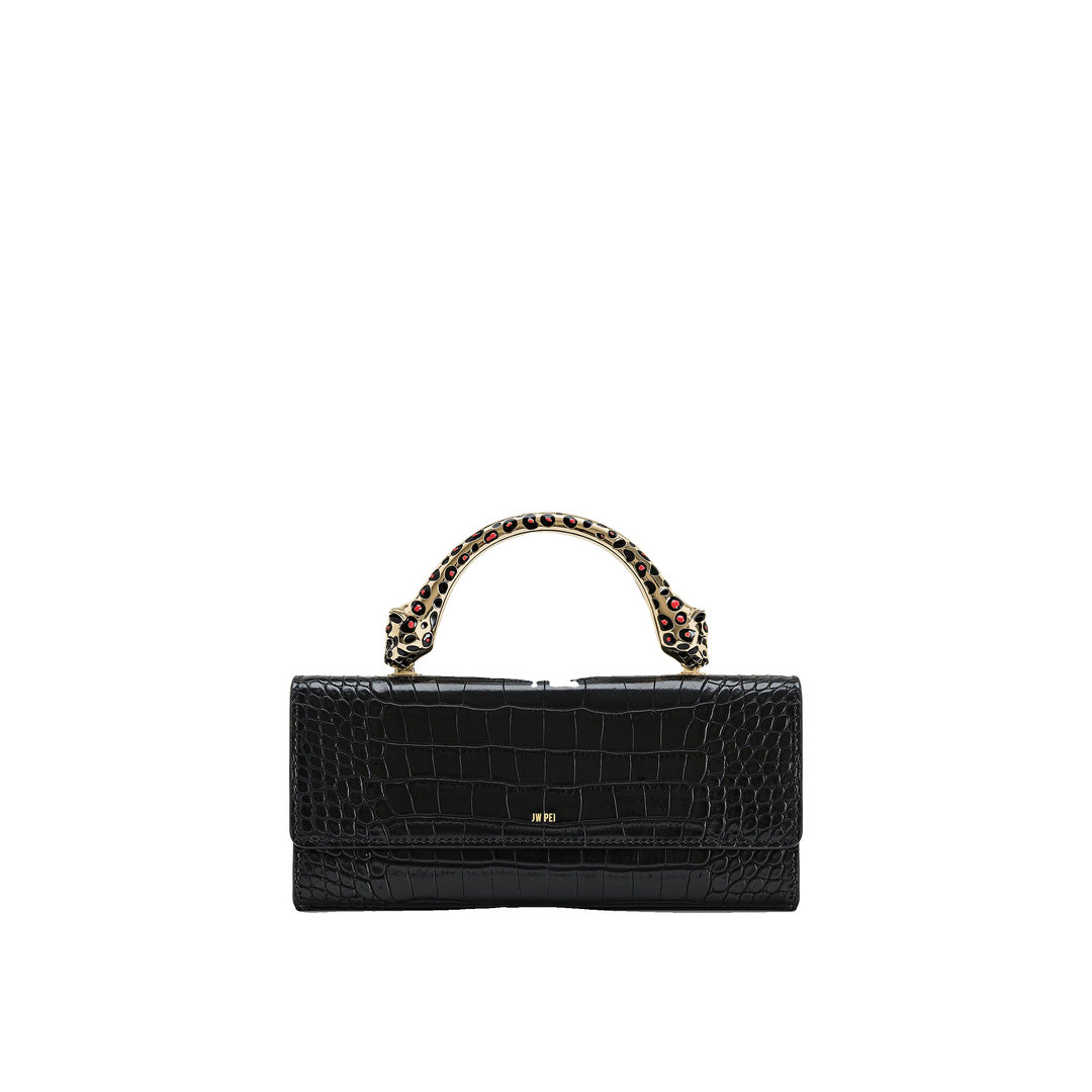JW PEI Maya Leopard-Shaped Hardware Handle Top Handle Bag - Black Croc by JW PEI