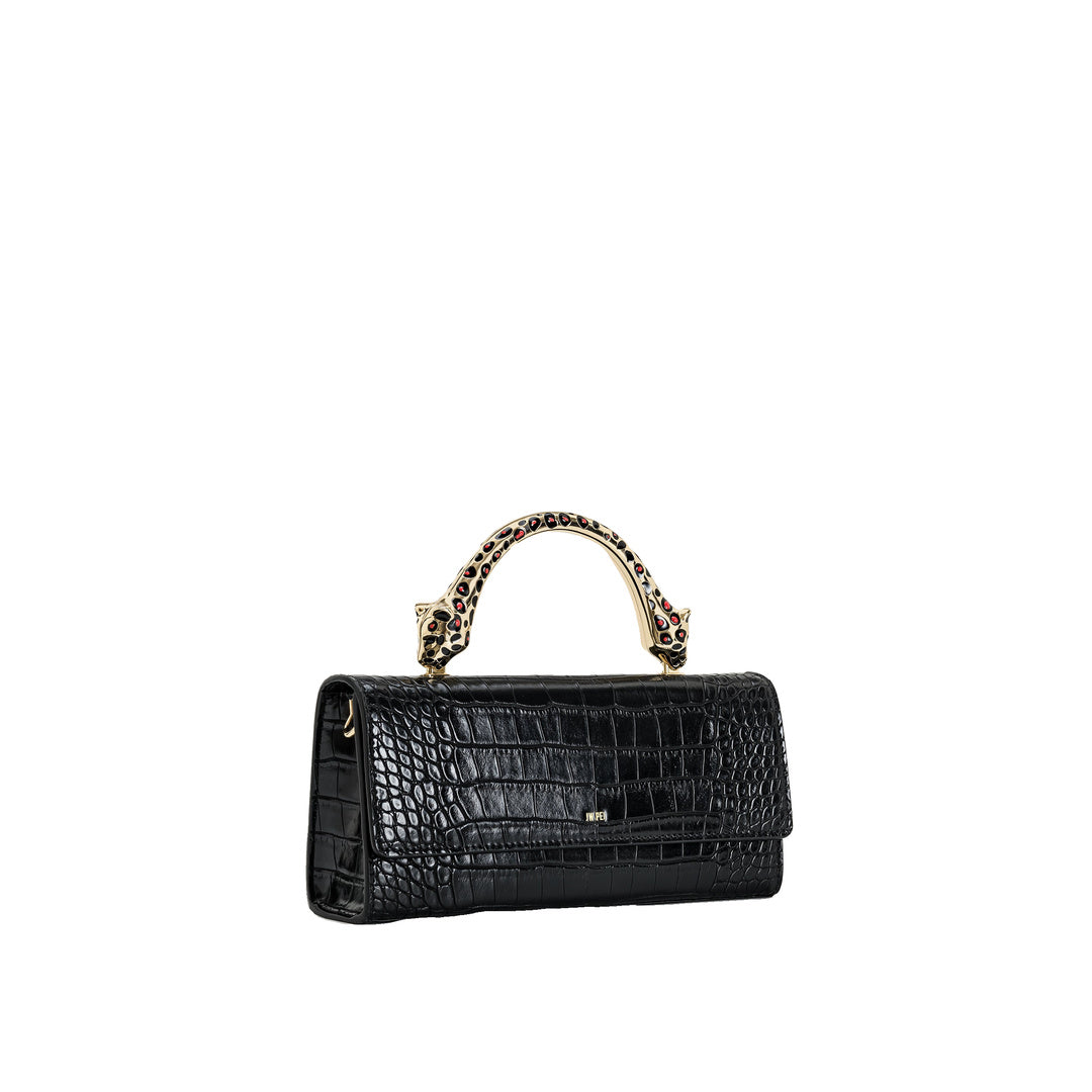 JW PEI Maya Leopard-Shaped Hardware Handle Top Handle Bag - Black Croc by JW PEI