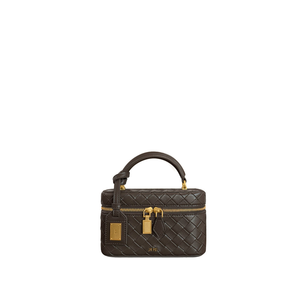JW PEI Cleo Woven Texture Box Shape Top Handle Bag - Dark Brown by JW PEI