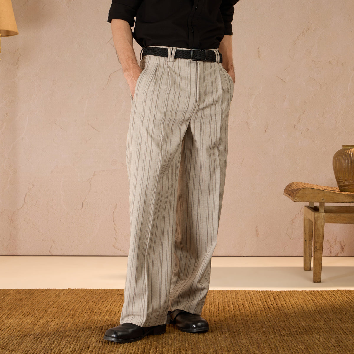 RELAXED FIT  PINSTRIPE TROUSERS - BEIGE by Warping Theories