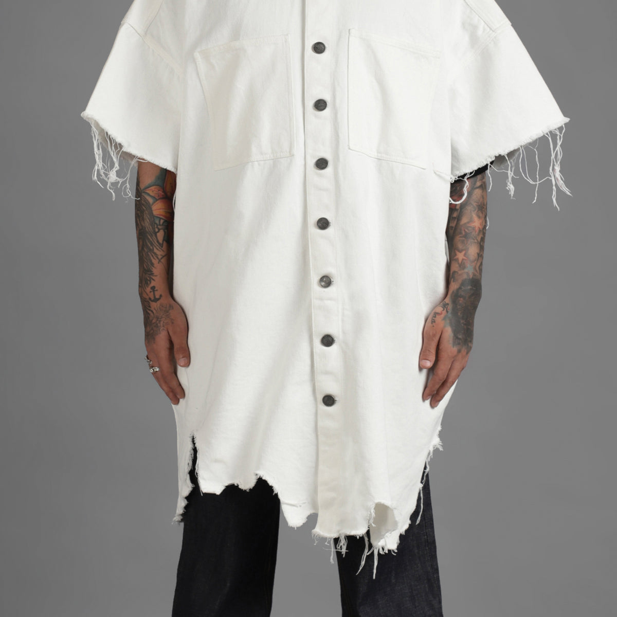 SuperHUEMN Denim Oversized Asymmetric Longline Shirt (White) by HUEMN