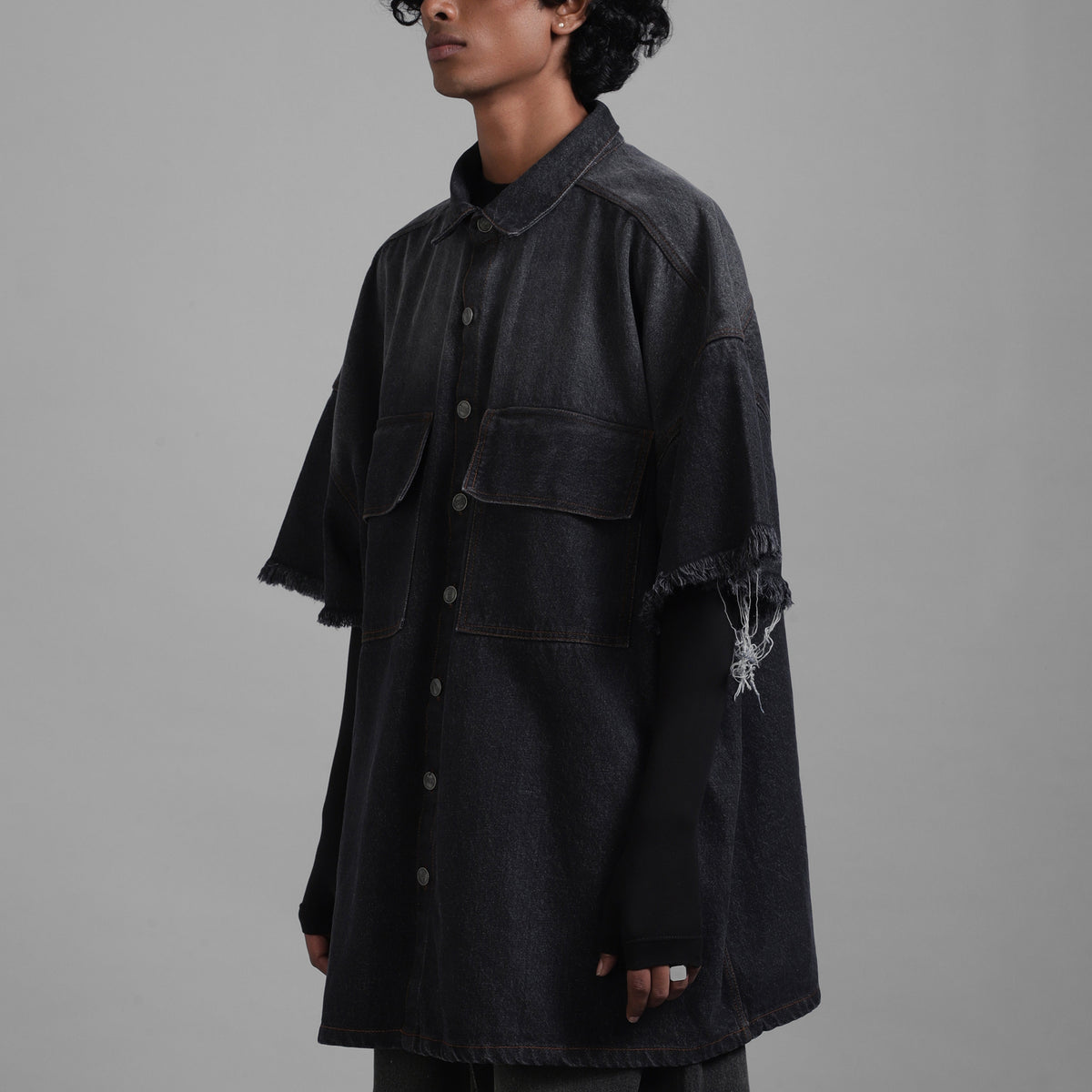 SuperHUEMN Dark Wash Faded Effect Denim Overshirt with Patched Pockets (Black) by HUEMN