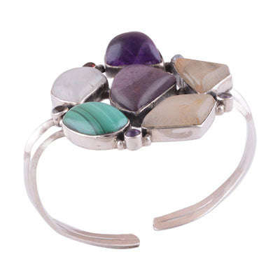 925 Sterling Silver Amethyst, Rainbow Moonstone, Garnet, Ruby, Malachite, Golden Rutile Bangle - R2800016-1