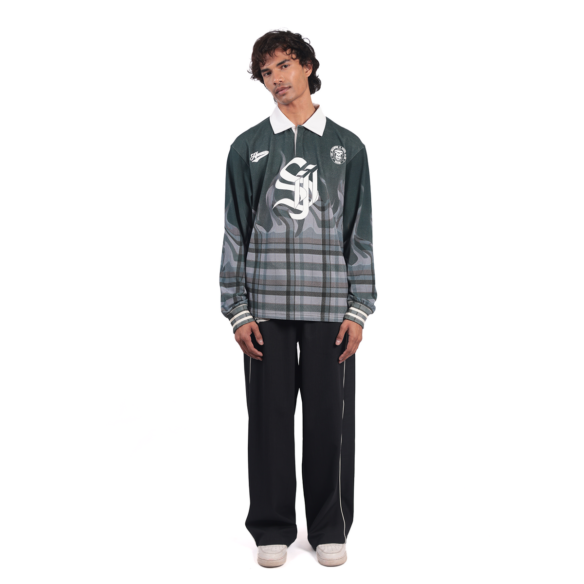 Shreyas Iyer x HUEMN 'SI' monogram full sleeved t-shirt in checkered flame pattern (Green) by HUEMN
