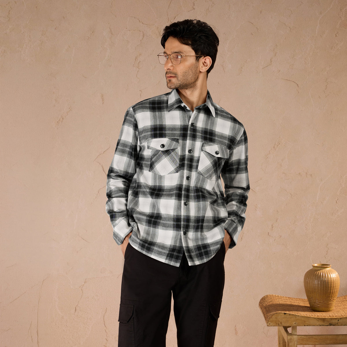 COTTON LIGHTWEIGHT FLANNEL SHIRT - BLACK by Warping Theories