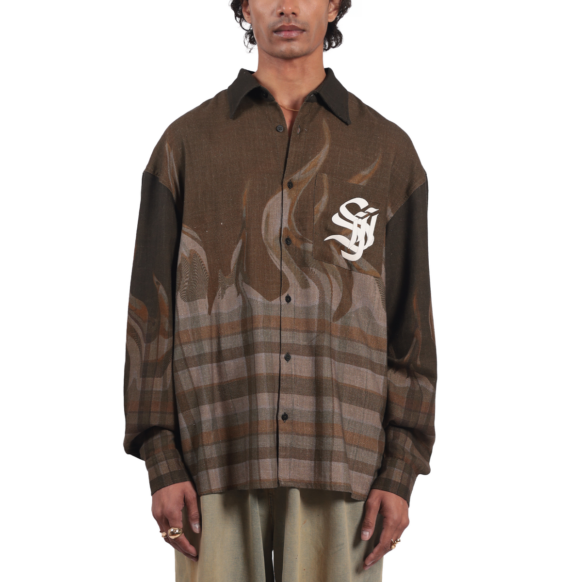Shreyas Iyer x HUEMN 'SI' monogram Shirt in checkered flame pattern (Brown) by HUEMN
