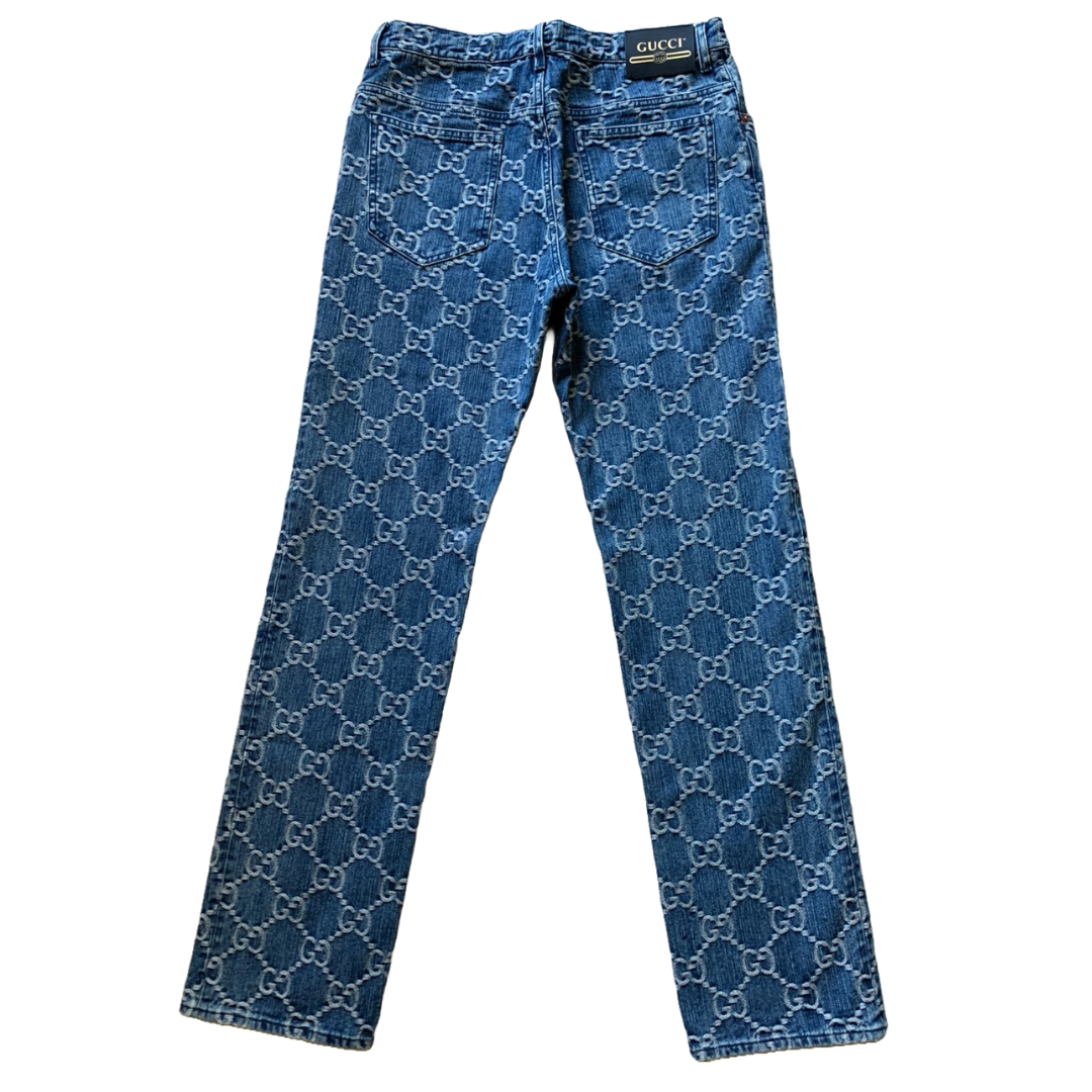 GUCCI MENS GG JACQUARD BLUE COTTON DENIM JEANS BLUE by Gucci Apparel