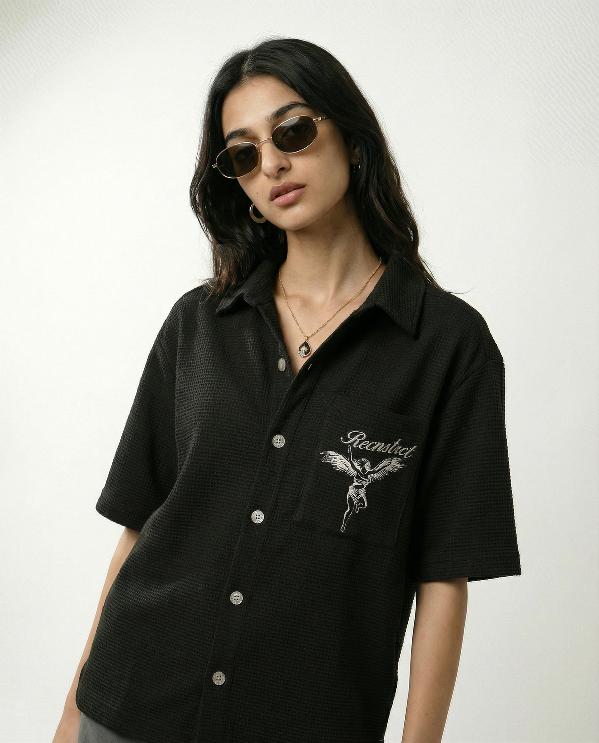 Waffle-Knit Textured shirt - Black by RECNSTRCT