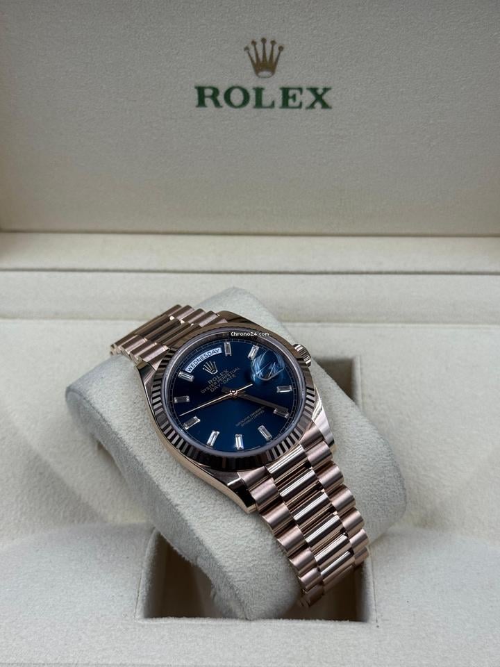 Men’s Rolex Day-Date 36 Ref. 128235 Rose Gold Blue Baguette Dial Automatic Watch